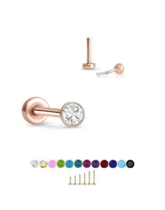 Threadless Labret Nose Ring Monroe Push Pin Stud Rose Gold Steel 1.5mm CZ - Picture 1 of 14