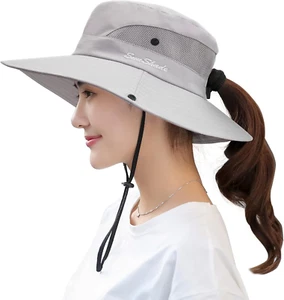 Women'S Ponytail Sun Hat UV Protection Foldable Mesh Wide Brim Beach Fishing Hat - Picture 1 of 7