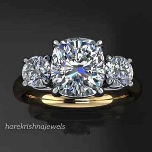 Lab Created 4CT Cushion Cut Diamond 3-Stone Engagement Ring 14K 2-Tone Gold FN - Bild 1 von 6