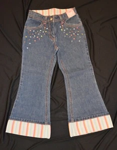 Gymboree PETITE FLEUR Denim Blue Flare Jeans w/ striped cuff NWT 4 5 Adj waist - Picture 1 of 2