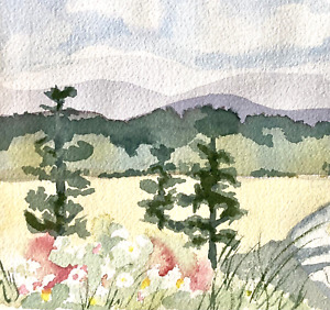 1989 Vintage Landscape Watercolor Art Flower Garden Cedar Pine Trees Mountain
