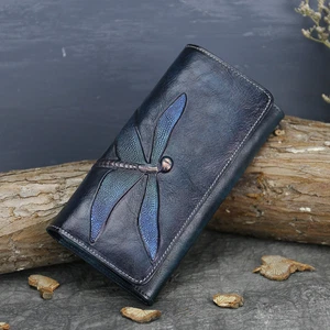 Women Genuine Leather Wallet Dragonfly Long Clutch Cards Holder Purse Money Bag - Picture 1 of 9