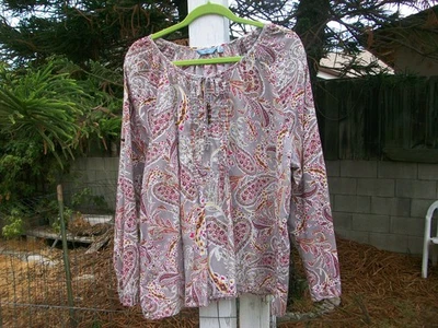 Izod Woman peasant blouse plus size 2X COTTON pintucks Gray Paisley roll tab slv - Image 1 of 4