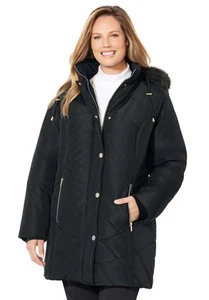 Catherines Women's Plus Size Faux Fur Hood Puffer Coat - Picture 1 of 6