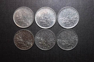 lot de 6 monnaies de 5 francs semeuse en nickel différentes - Photo 1/2