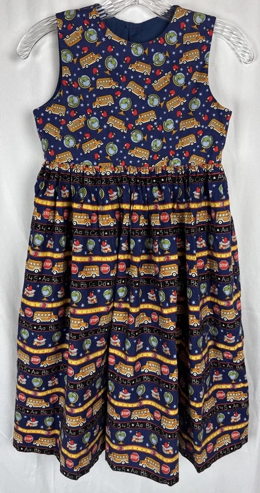 School Themed Handmade Jumper Dress Bus Globe Apples Books Navy Girl’s Size 10 - Image 1 of 4