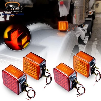 4X Square Amber/Red 51-LED Turn Signal Pedestal Trailer Semi Truck Fender Lights - Image 1 of 4