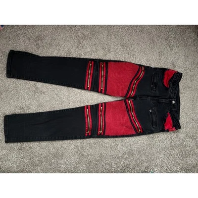 Мужские черные красные джинсы Moto на молнии дизайнерский стиль Slim Fit размер 28 - Изображение 1 из 4