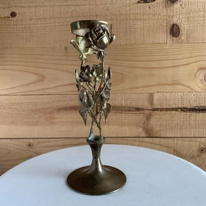 VTG Brass Rose Tapered Tube Vase Holder *No Glass* Ornate Gilded Floral Decor - Picture 1 of 7