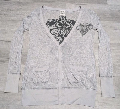 Cárdigan Miss Me Ligero Manga Larga Lentejuelas Estampado Tatuaje Gris Negro Talla M Foto 1 de 4