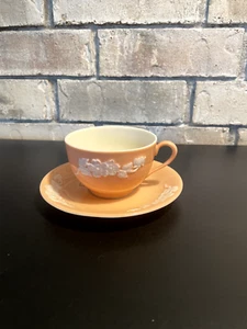Lenox Apple Blossom Coral Cup and Saucer Set, Vintage 1930 White Cameo on Coral - Picture 1 of 8