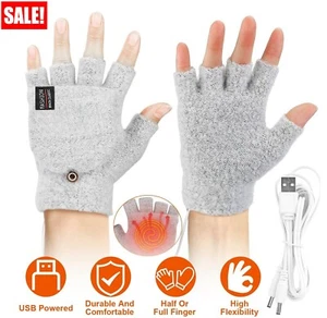 USB Electric Rechargeable Heated Gloves Full & Half Finger Warmer Working Mitten - Picture 1 of 18