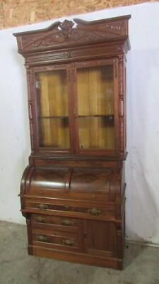 Armario de escritorio cilindro victoriano raro nogal años 1800 raro Foto 1 de 4