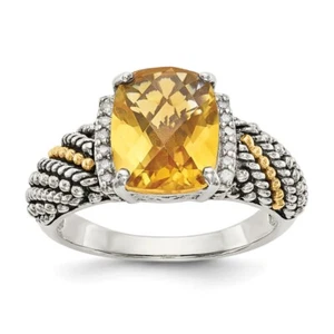 Sterling Silver with 14K Gold Accent Diamond and Cushion Citrine Ring Size 6 - Picture 1 of 7