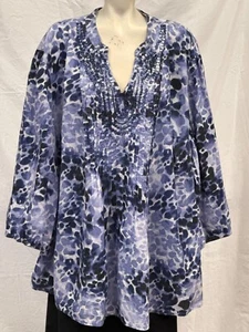 JM Collection Woman Embellished Blue Print Blouse Size 24W Sequins Flowy Cotton - Picture 1 of 8