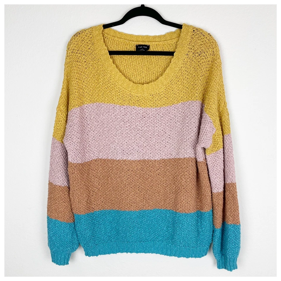 Blank Paige Colorblock Muted Stripe Oversized Sweater, Large Puffy Sleeves Foto 1 de 4