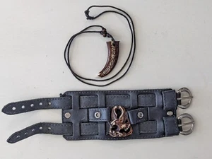 Leather Bracer w Carved Phoenix Falcon Wristband + Tiger Tooth Necklace Medieval - Picture 1 of 13