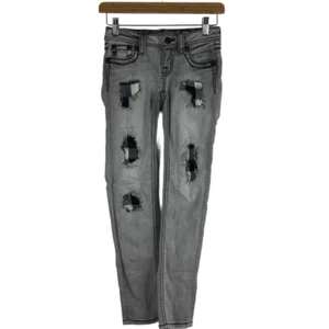 Miss Me Girls Plaid Patch Distressed 5 Pocket Skinny Denim Jeans Gray Size 10 - Picture 1 of 8