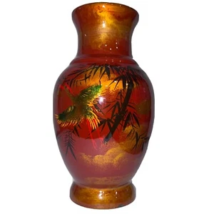 Bird Crane Sunset Hand Painted Porcelain Ceramic Lacquered Vase 61/2 Wood Footed - Picture 1 of 7