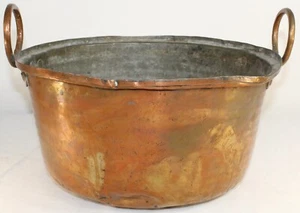 Antiguo caldero de cocina de metal cobre hecho en Italia con asas granja - Imagen 1 de 23