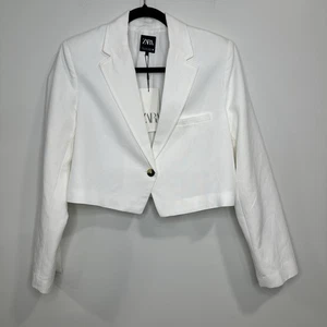 Zara Cropped Long Sleeves Jacket White Linen Blend Single Button Blazer Size S - Picture 1 of 8