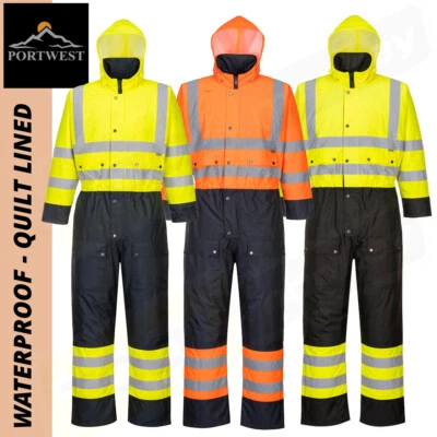 Portwest HI Vis Contrast Coverall Winter Lined Waterproof Hood Safety Wear S485