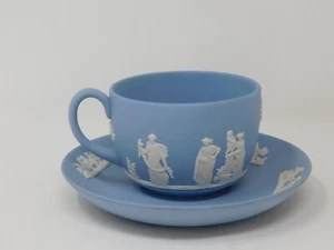 Taza y platillo de té azul vintage de jaspe de madera de cuña - Imagen 1 de 18