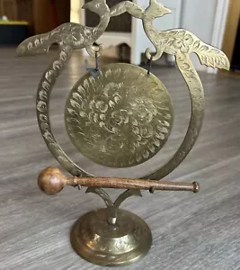 Vintage India Brass Dinner Gong Bell 11” Table Top Etched Wooden Knocker Signed - Picture 1 of 9