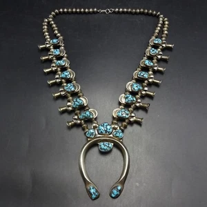 Antiguo COLLAR KINGMAN TURQUESA PLATA ESTERLINA ARCO FLOR DE CALABAZA PEÓN VINTAGE - Imagen 1 de 18