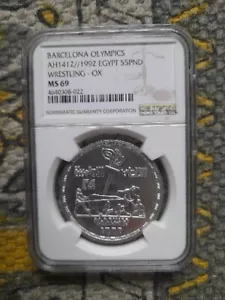 1992 EGYPT SILVER 5 POUNDS 5 POUNDS Olympic WRESTLING-OX ,NGC MS 69 VERY RARE . - Picture 1 of 7