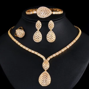 Statement vergoldet CZ Tropfen Hochzeit Halskette Ohrring Armband Ring Schmuck Set - Bild 1 von 7