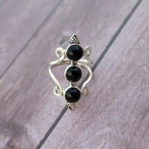 925 Sterling Silver Round Shape Black Onyx Handmade Women GENUINE Ring - Picture 1 of 8