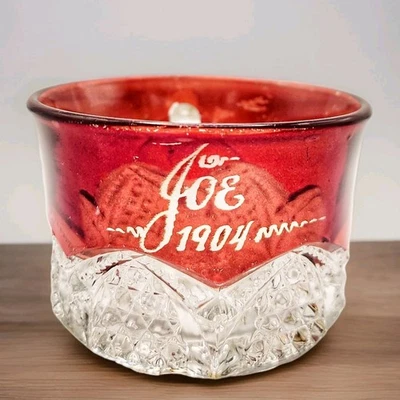 EAPG Ruby Stain Souvenir Mug – Personalized 'Joe 1904' – Button & Arches Pressed - Image 1 of 4