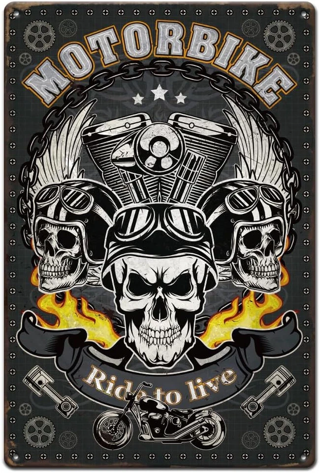 Motorcycle Skulls Tin Signs Motorcycle Engine Metal Tin Sign Ride Signs Funny Si - Image 1 of 4