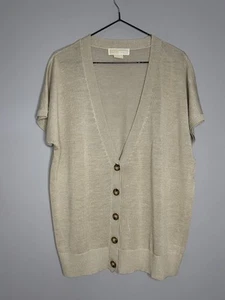 Michael Kors EUC Beige Short Sleeve Cardigan Sweater Size XL Minimalist Luxury - Picture 1 of 7