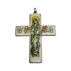 Vintage Copper Enameled Cross Pendant Hand Painted Mary & Baby Jesus - Picture 1 of 7