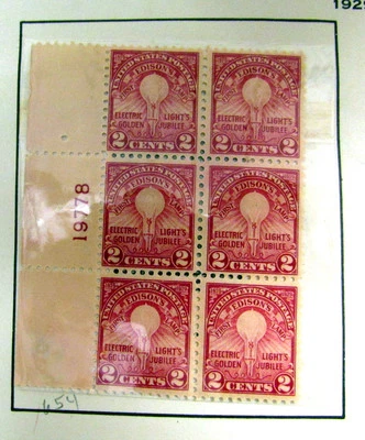 USA Stamps Scott #654 Edison Light Bulb 2 cent Plate Block of 6, 1929 - Image 1 of 2