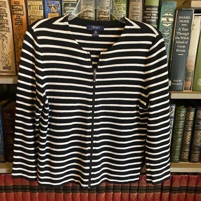 经典女式 CHAPS (Ralph Lauren) 黑色/白色条纹全拉链毛衣 M 码 — 第 1/4 张图片