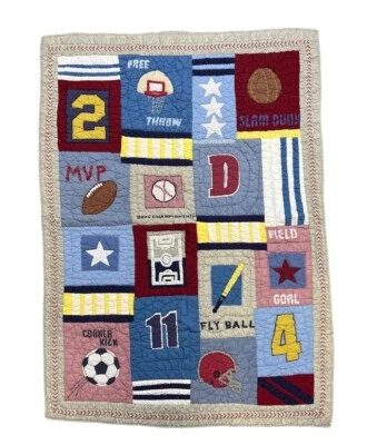 POTTERY BARN Crib Quilted Comforter Throw Wall Hanging Sports 49 X 36 In - Image 1 of 4