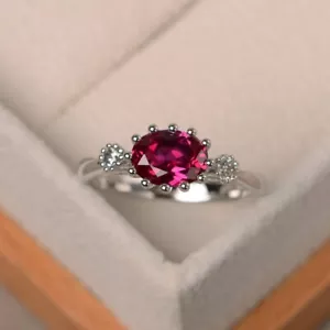 Three Stone Pink Ruby Ring Lab Created Gemstone Sterling Silver Women Ring - Picture 1 of 5