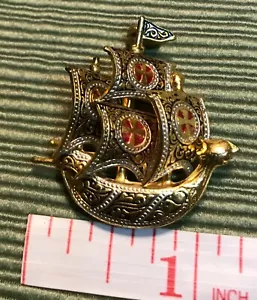 Brosche Vintage Damaszener Galeone Schiff aus Spanien - Bild 1 von 3