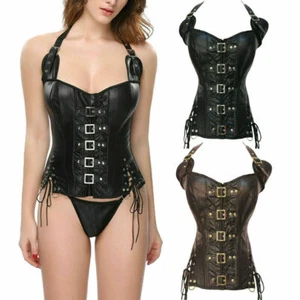 Steampunk Gothic Leder Korsett Bustier Top Neckholder braun/schwarz Überbrust Dessous - Bild 1 von 14