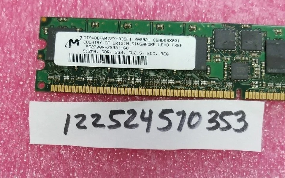 512MB DDR1 DDR PC2700R DDR-333 2700R 184PIN RDIMM ECC-REG 64X8 SINGLE RANK - Image 1 of 1