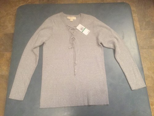 Maglione pullover Michael Kors donna grande argento scintillante maniche lunghe $99 nuovo con etichette