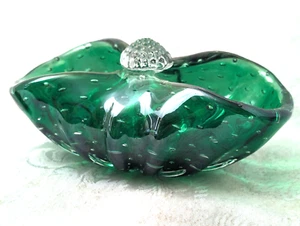 Murano Glass Galliano Ferro Bullicante Controlled Bubble Green Bow Bowl - Picture 1 of 11