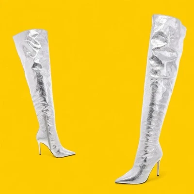 Futuristic Club Festival Wear Party Silver Over-The-Knee Boots Steve Madden 6M - Image 1 of 4