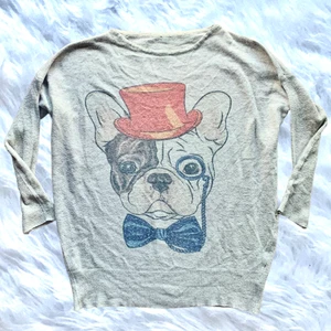 PARISIAN BRAND Half Sleeve Cute French Bulldog Sweater Gray Red Hat Frenchie M - Picture 1 of 5