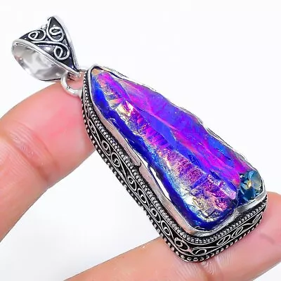 Titanium Aura Druzy Gemstone 925 Silver Handmade Jewelry Pendant 2.29" - Image 1 of 3