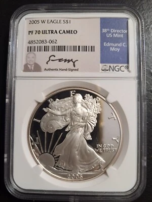 2005 W PROOF AMERICAN SILVER EAGLE NGC PF70 ULTRA CAMEO EDMUND MOY SIGNED  - Image 1 of 4