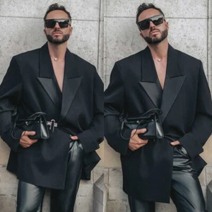 Blazer negro para hombre solapa pico moda informal chaqueta suelta fiesta ropa deportiva - Imagen 1 de 25